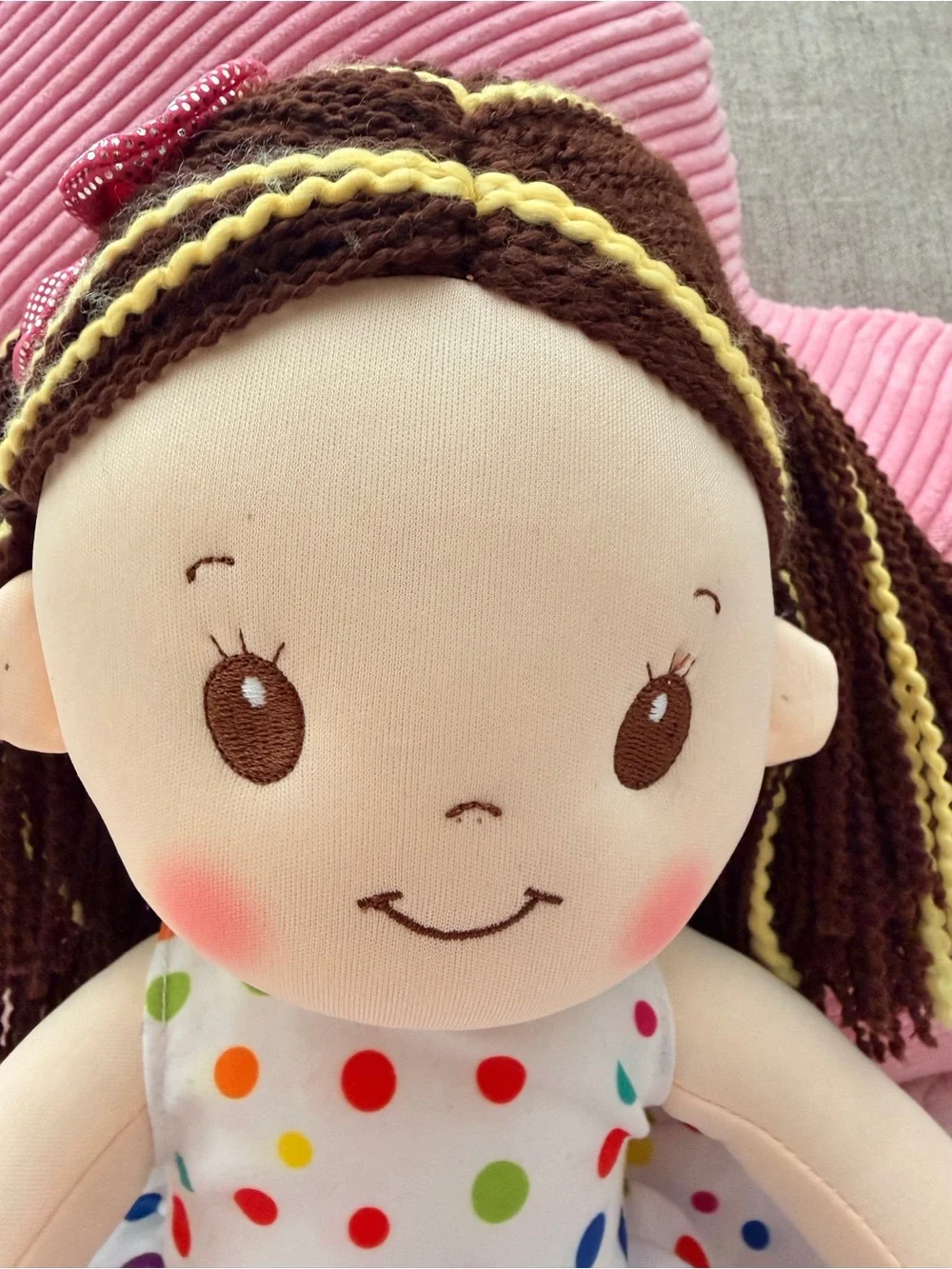 Polka Dot Dress Plush Girl Doll with Pink Shoes